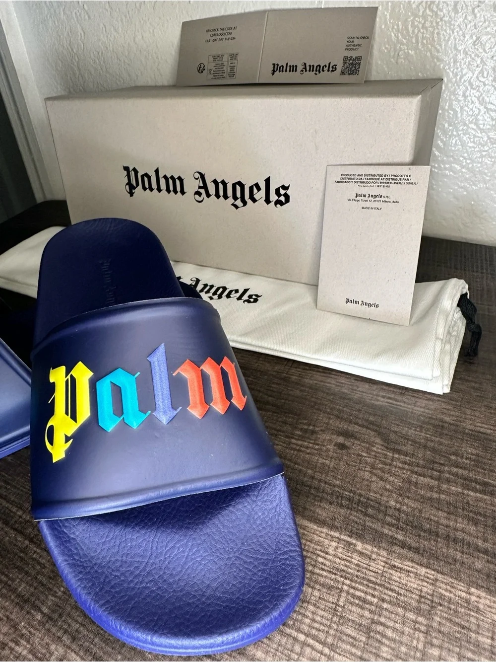 Palm Angels kids Navy Slide Sandals with Rainbow Lettering